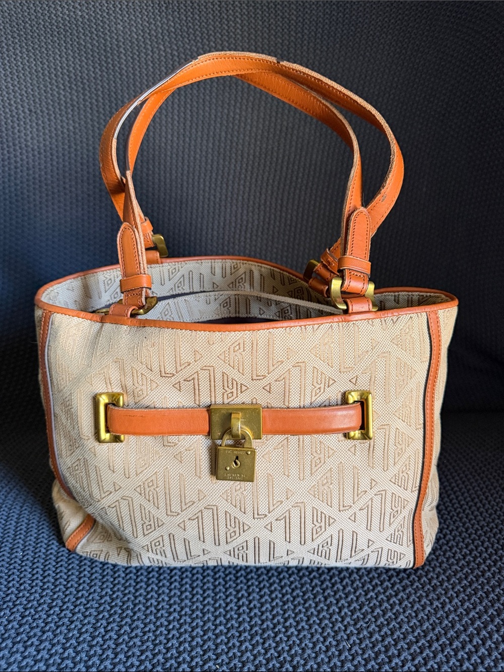 Polo by Ralph Lauren Beige Canvas Tote with light briwn Trim and Gold Hardware